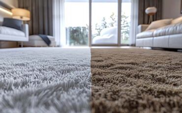 High-contrast view of a carpet in a modern living room, showing both its clean and dirty sides. Concepts of home cleanliness, interior design, before and after cleaning, and rug washing.