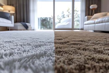 High-contrast view of a carpet in a modern living room, showing both its clean and dirty sides. Concepts of home cleanliness, interior design, before and after cleaning, and rug washing