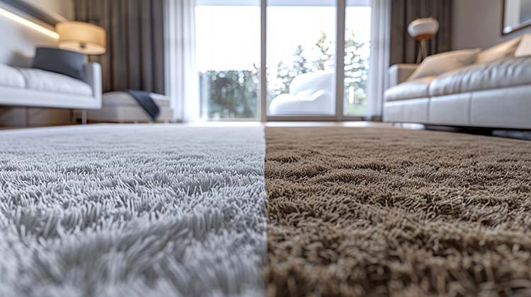 High-contrast view of a carpet in a modern living room, showing both its clean and dirty sides. Concepts of home cleanliness, interior design, before and after cleaning, and rug washing